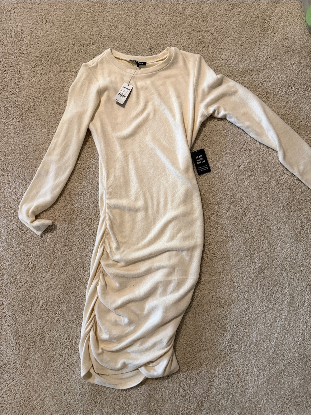 Express Cream Long Sleeve Ruched Midi Dress